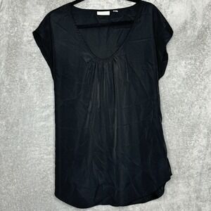 New York & Company Large Shirt Top Black Solid Cap Short Sleeve V Neck Womens